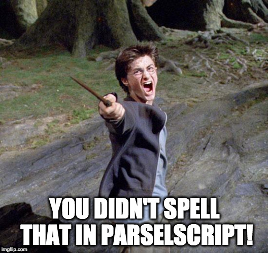 Harry potter | YOU DIDN'T SPELL THAT IN PARSELSCRIPT! | image tagged in harry potter | made w/ Imgflip meme maker