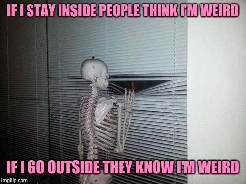Social anxiety skeleton | IF I STAY INSIDE PEOPLE THINK I'M WEIRD; IF I GO OUTSIDE THEY KNOW I'M WEIRD | image tagged in skeleton looking out window | made w/ Imgflip meme maker
