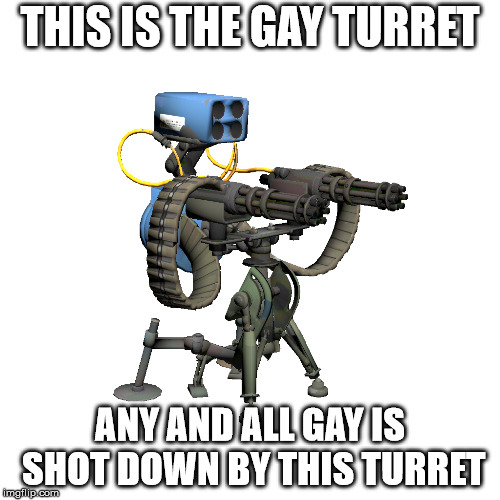 Gay turret | THIS IS THE GAY TURRET; ANY AND ALL GAY IS SHOT DOWN BY THIS TURRET | image tagged in no homo | made w/ Imgflip meme maker