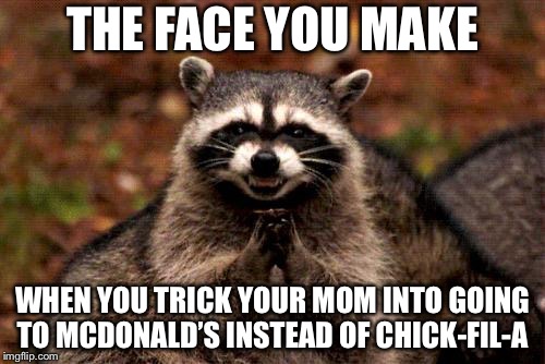 Evil Plotting Raccoon | THE FACE YOU MAKE; WHEN YOU TRICK YOUR MOM INTO GOING TO MCDONALD’S INSTEAD OF CHICK-FIL-A | image tagged in memes,evil plotting raccoon | made w/ Imgflip meme maker