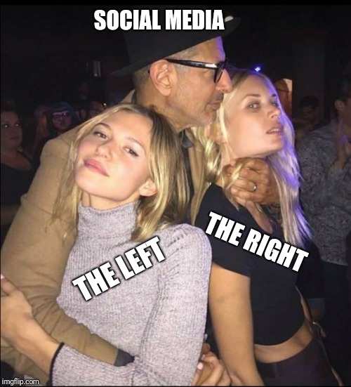 Jeff Goldblum Choking Girl | SOCIAL MEDIA; THE RIGHT; THE LEFT | image tagged in jeff goldblum choking girl | made w/ Imgflip meme maker