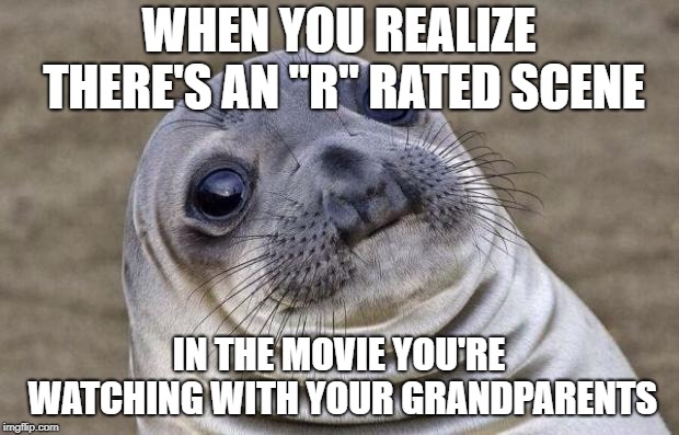 Awkward Moment Sealion | WHEN YOU REALIZE THERE'S AN "R" RATED SCENE; IN THE MOVIE YOU'RE WATCHING WITH YOUR GRANDPARENTS | image tagged in memes,awkward moment sealion | made w/ Imgflip meme maker