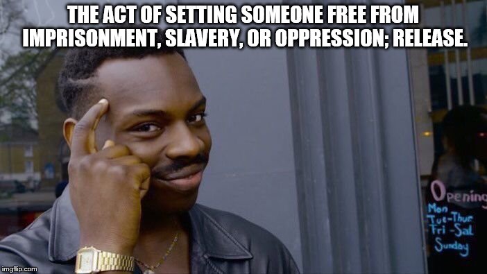 Roll Safe Think About It Meme | THE ACT OF SETTING SOMEONE FREE FROM IMPRISONMENT, SLAVERY, OR OPPRESSION; RELEASE. | image tagged in memes,roll safe think about it | made w/ Imgflip meme maker