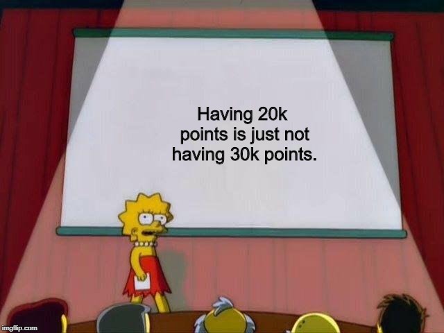 Donate for 30k points now! | Having 20k points is just not having 30k points. | image tagged in lisa simpson's presentation | made w/ Imgflip meme maker