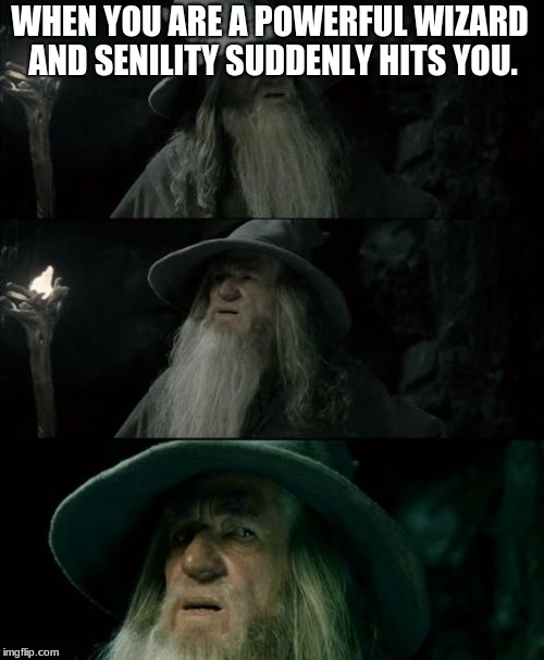 Confused Gandalf | WHEN YOU ARE A POWERFUL WIZARD AND SENILITY SUDDENLY HITS YOU. | image tagged in memes,confused gandalf | made w/ Imgflip meme maker