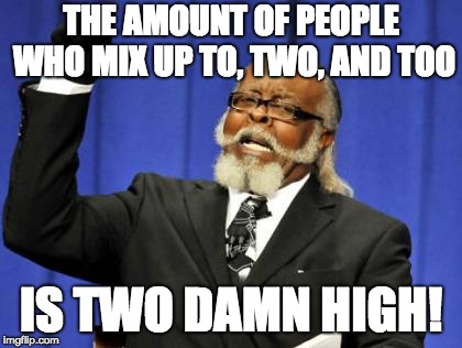 Too Damn High Meme | THE AMOUNT OF PEOPLE WHO MIX UP TO, TWO, AND TOO; IS TWO DAMN HIGH! | image tagged in memes,too damn high | made w/ Imgflip meme maker