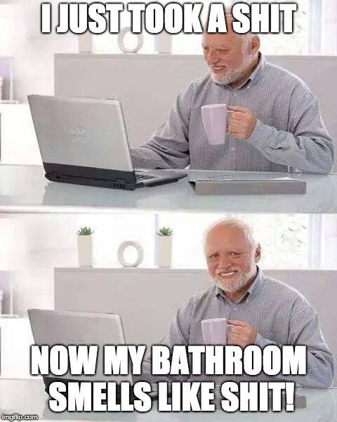 Harold's Bathroom Smells Like Shit | I JUST TOOK A SHIT; NOW MY BATHROOM SMELLS LIKE SHIT! | image tagged in memes,hide the pain harold,bathroom,restroom,shit | made w/ Imgflip meme maker