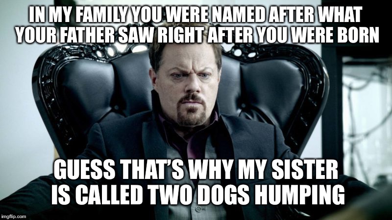 IN MY FAMILY YOU WERE NAMED AFTER WHAT YOUR FATHER SAW RIGHT AFTER YOU WERE BORN GUESS THAT’S WHY MY SISTER IS CALLED TWO DOGS HUMPING | made w/ Imgflip meme maker