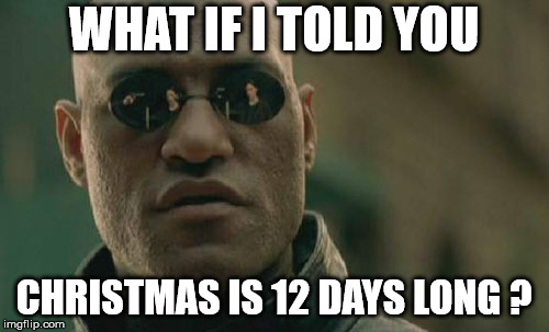 Matrix Morpheus | WHAT IF I TOLD YOU; CHRISTMAS IS 12 DAYS LONG ? | image tagged in memes,matrix morpheus | made w/ Imgflip meme maker