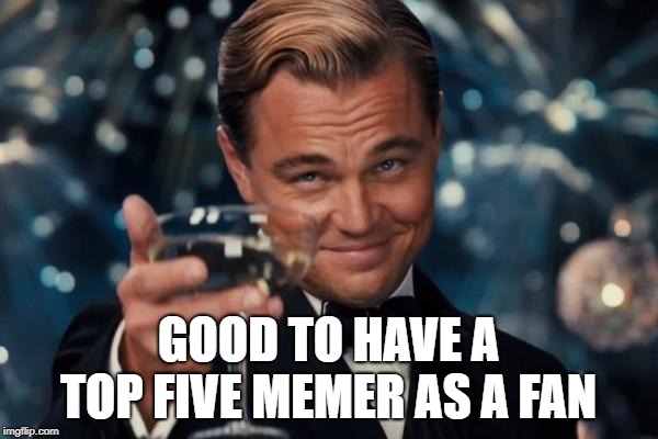Leonardo Dicaprio Cheers Meme | GOOD TO HAVE A TOP FIVE MEMER AS A FAN | image tagged in memes,leonardo dicaprio cheers | made w/ Imgflip meme maker