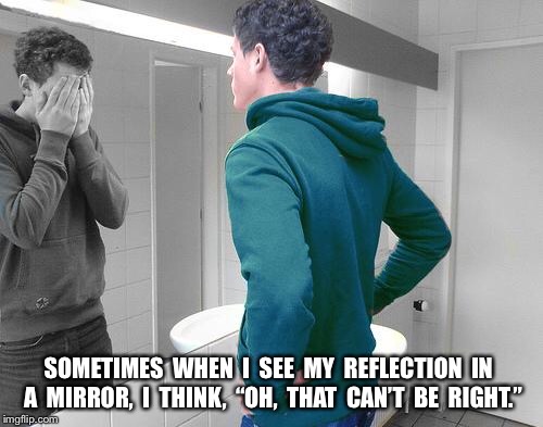 mirror | SOMETIMES  WHEN  I  SEE  MY  REFLECTION  IN  A  MIRROR,  I  THINK,  “OH,  THAT  CAN’T  BE  RIGHT.” | image tagged in mirror | made w/ Imgflip meme maker