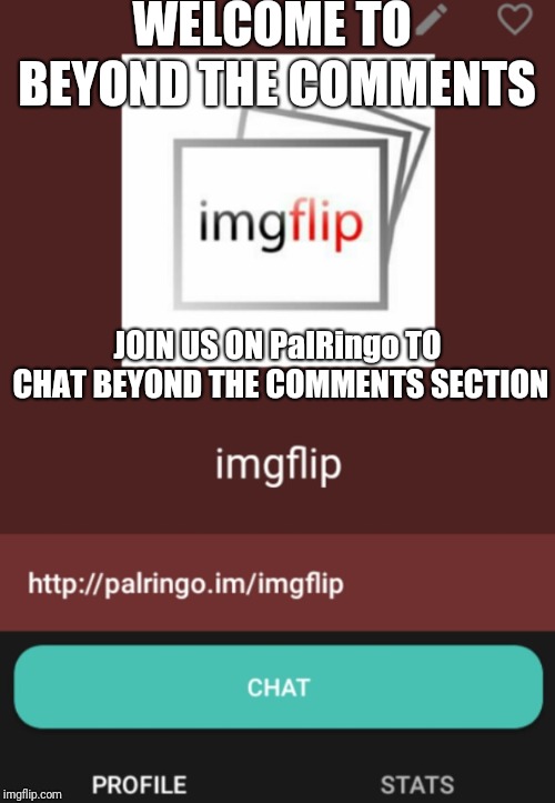 Beyond the Comments | WELCOME TO; BEYOND THE COMMENTS; JOIN US ON PalRingo TO CHAT BEYOND THE COMMENTS SECTION | image tagged in palringo,chat,beyonder,comments,meme | made w/ Imgflip meme maker
