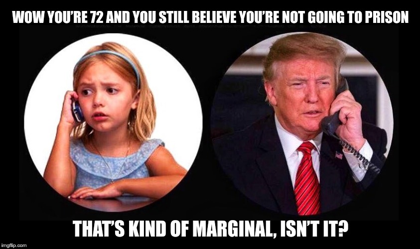 Marginal, isn’t it? | WOW YOU’RE 72 AND YOU STILL BELIEVE YOU’RE NOT GOING TO PRISON; THAT’S KIND OF MARGINAL, ISN’T IT? | image tagged in trump,prison,christmas,marginal,fascist,nazi | made w/ Imgflip meme maker