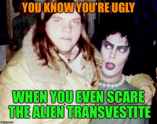 The Rocky Horror Meatloaf Show | YOU KNOW YOU’RE UGLY; WHEN YOU EVEN SCARE THE ALIEN TRANSVESTITE | image tagged in rocky horror picture show,meatloaf,funny memes | made w/ Imgflip meme maker
