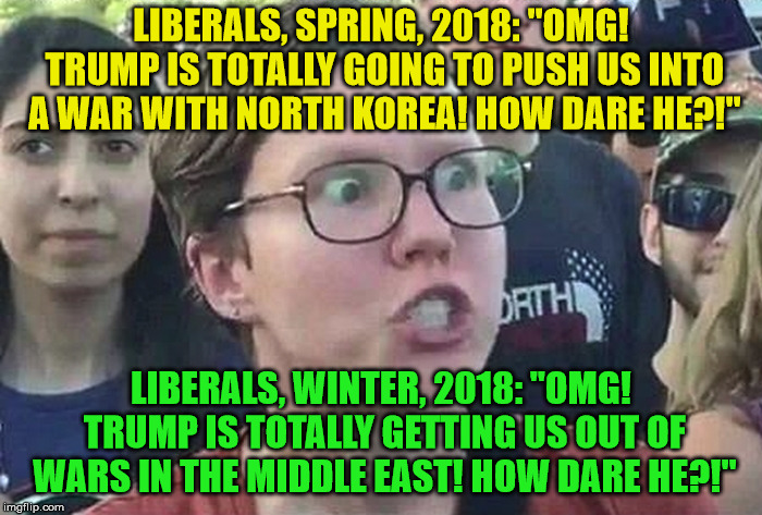Triggered Liberal | LIBERALS, SPRING, 2018: "OMG! TRUMP IS TOTALLY GOING TO PUSH US INTO A WAR WITH NORTH KOREA! HOW DARE HE?!"; LIBERALS, WINTER, 2018: "OMG! TRUMP IS TOTALLY GETTING US OUT OF WARS IN THE MIDDLE EAST! HOW DARE HE?!" | image tagged in triggered liberal | made w/ Imgflip meme maker