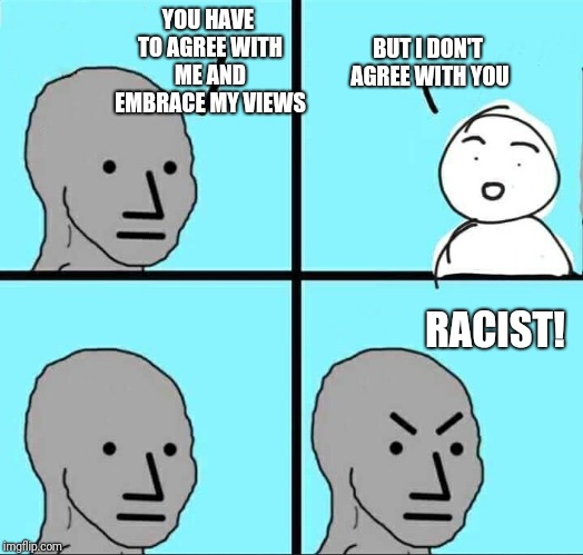 How liberals think | YOU HAVE TO AGREE WITH ME AND EMBRACE MY VIEWS; BUT I DON'T AGREE WITH YOU; RACIST! | image tagged in npc meme,liberals | made w/ Imgflip meme maker