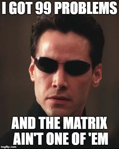 Neo Matrix Keanu Reeves | I GOT 99 PROBLEMS; AND THE MATRIX AIN'T ONE OF 'EM | image tagged in neo matrix keanu reeves | made w/ Imgflip meme maker