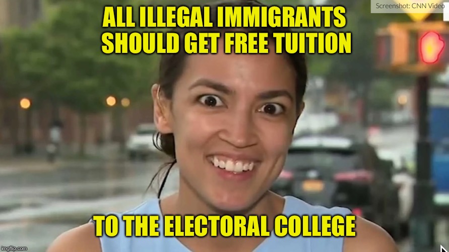 Alexandria Ocasio-Cortez | ALL ILLEGAL IMMIGRANTS SHOULD GET FREE TUITION TO THE ELECTORAL COLLEGE | image tagged in alexandria ocasio-cortez | made w/ Imgflip meme maker