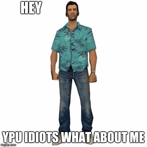 tommy vercetti | HEY YPU IDIOTS WHAT ABOUT ME | image tagged in tommy vercetti | made w/ Imgflip meme maker