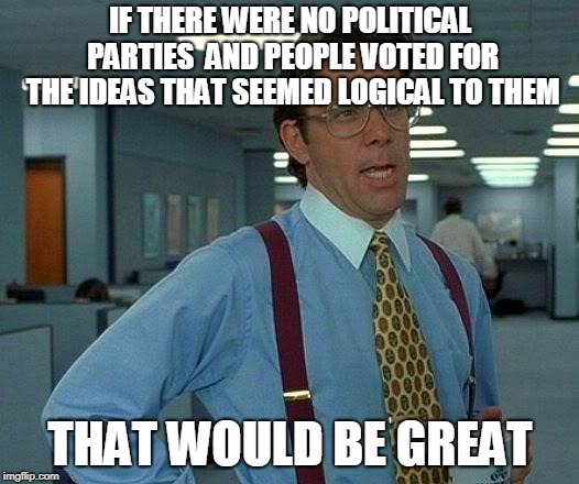 That Would Be Great Meme | IF THERE WERE NO POLITICAL PARTIES  AND PEOPLE VOTED FOR THE IDEAS THAT SEEMED LOGICAL TO THEM THAT WOULD BE GREAT | image tagged in memes,that would be great | made w/ Imgflip meme maker