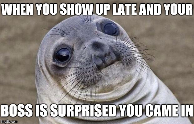 Awkward Moment Sealion Meme | WHEN YOU SHOW UP LATE AND YOUR; BOSS IS SURPRISED YOU CAME IN | image tagged in memes,awkward moment sealion | made w/ Imgflip meme maker
