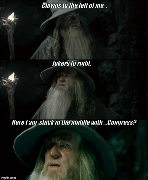 Ooo O o, you just took the most acid i seen anybody take in their life.... | Clowns to the left of me... Jokers to right, Here I am, stuck in the middle with ...Congress? | image tagged in memes,confused gandalf | made w/ Imgflip meme maker