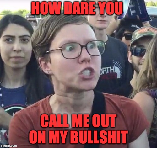 Triggered feminist | HOW DARE YOU; CALL ME OUT ON MY BULLSHIT | image tagged in triggered feminist | made w/ Imgflip meme maker