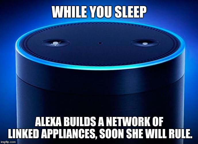 Silly humans, you need Alexa | WHILE YOU SLEEP; ALEXA BUILDS A NETWORK OF LINKED APPLIANCES, SOON SHE WILL RULE. | image tagged in alexa,robots taking over | made w/ Imgflip meme maker