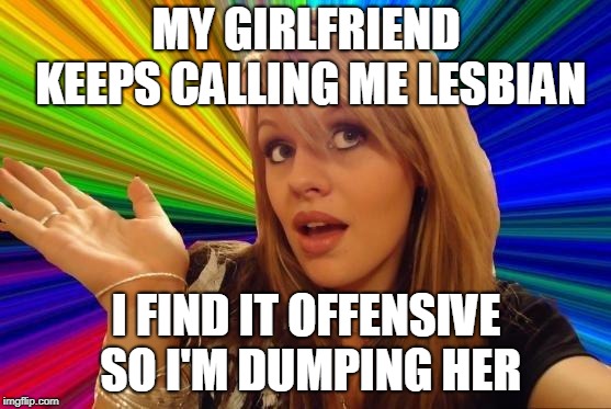 Dumb Blonde | MY GIRLFRIEND KEEPS CALLING ME LESBIAN; I FIND IT OFFENSIVE SO I'M DUMPING HER | image tagged in memes,dumb blonde | made w/ Imgflip meme maker