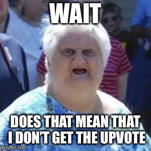 WAT Lady | WAIT DOES THAT MEAN THAT I DON’T GET THE UPVOTE | image tagged in wat lady | made w/ Imgflip meme maker