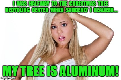 Some Things You Never Notice That Much | I  WAS  HALFWAY  TO  THE  CHRISTMAS  TREE  RECYCLING  CENTER  WHEN  SUDDENLY  I  REALIZED.... MY TREE IS ALUMINUM! | image tagged in dumb blonde,christmas tree,recycling,christmas memes | made w/ Imgflip meme maker