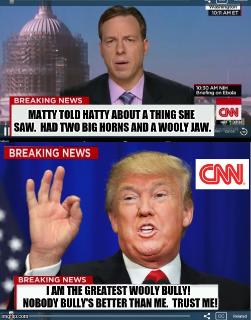 Wooly Bully.  Uno.  Dos.  One.  Two.  Tres. 
Quatro.   |  MATTY TOLD HATTY ABOUT A THING SHE SAW.  HAD TWO BIG HORNS AND A WOOLY JAW. I AM THE GREATEST WOOLY BULLY!  NOBODY BULLY'S BETTER THAN ME.  TRUST ME! | image tagged in cnn phony trump news,trump unfit unqualified dangerous,donald trump is an idiot,it's treason then,memes,political meme | made w/ Imgflip meme maker