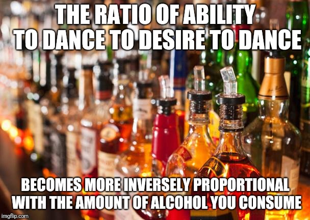 A little New Year's Eve math for ya | THE RATIO OF ABILITY TO DANCE TO DESIRE TO DANCE; BECOMES MORE INVERSELY PROPORTIONAL WITH THE AMOUNT OF ALCOHOL YOU CONSUME | image tagged in alcohol,memes,dancing dancers dances,happy new years,mathematics,parties partiers partying | made w/ Imgflip meme maker