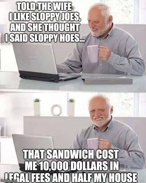 Hide the Pain Harold | TOLD THE WIFE I LIKE SLOPPY JOES, AND SHE THOUGHT I SAID SLOPPY HOES... THAT SANDWICH COST ME 10,000 DOLLARS IN LEGAL FEES AND HALF MY HOUSE | image tagged in memes,hide the pain harold | made w/ Imgflip meme maker