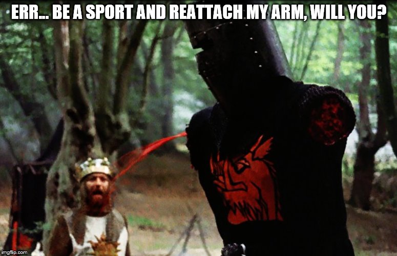 Be a sport and upvote this meme, will you? | ERR... BE A SPORT AND REATTACH MY ARM, WILL YOU? | image tagged in monty python black knight,monty python,memes | made w/ Imgflip meme maker