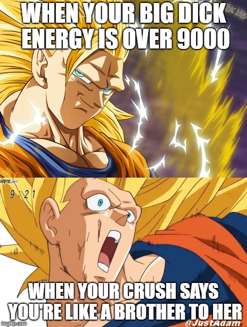 dragon ball super | WHEN YOUR BIG DICK ENERGY IS OVER 9000; WHEN YOUR CRUSH SAYS YOU'RE LIKE A BROTHER TO HER | image tagged in dragon ball super | made w/ Imgflip meme maker