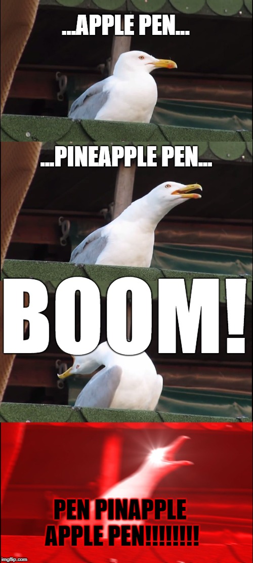 Inhaling Seagull | ...APPLE PEN... ...PINEAPPLE PEN... BOOM! PEN PINAPPLE APPLE PEN!!!!!!!! | image tagged in memes,inhaling seagull | made w/ Imgflip meme maker