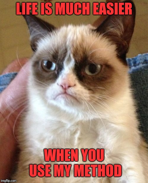 Grumpy Cat Meme | LIFE IS MUCH EASIER WHEN YOU USE MY METHOD | image tagged in memes,grumpy cat | made w/ Imgflip meme maker