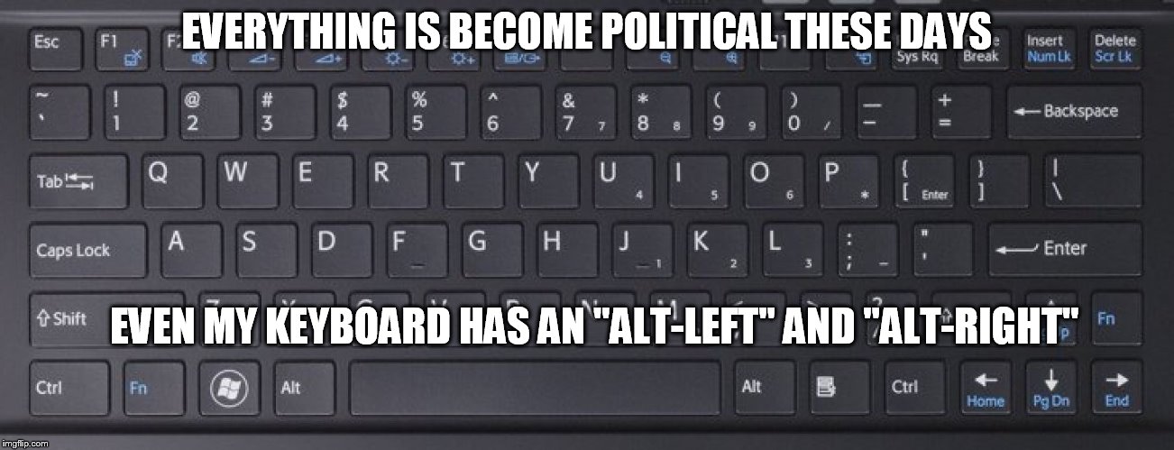 Keyboard Warrior | EVERYTHING IS BECOME POLITICAL THESE DAYS; EVEN MY KEYBOARD HAS AN "ALT-LEFT" AND "ALT-RIGHT" | image tagged in keyboard warrior | made w/ Imgflip meme maker