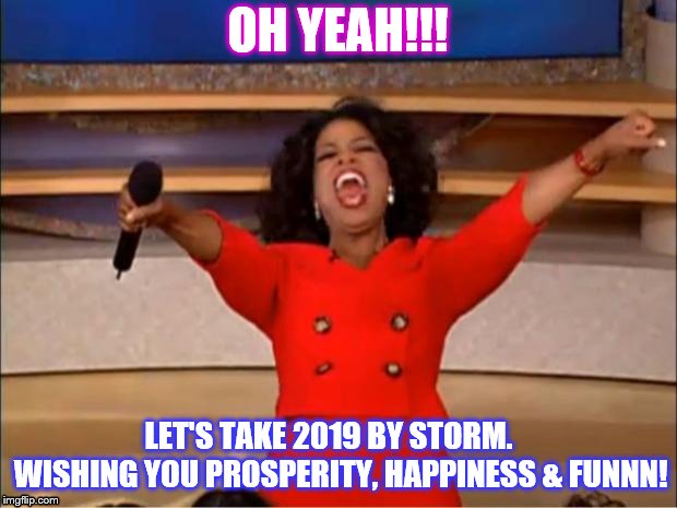 Oprah You Get A Meme | OH YEAH!!! LET'S TAKE 2019 BY STORM.
   WISHING YOU PROSPERITY, HAPPINESS & FUNNN! | image tagged in memes,oprah you get a | made w/ Imgflip meme maker