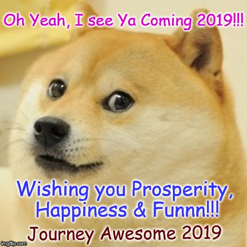 Doge Meme | Oh Yeah, I see Ya Coming 2019!!! Wishing you Prosperity, Happiness & Funnn!!! Journey Awesome 2019 | image tagged in memes,doge | made w/ Imgflip meme maker