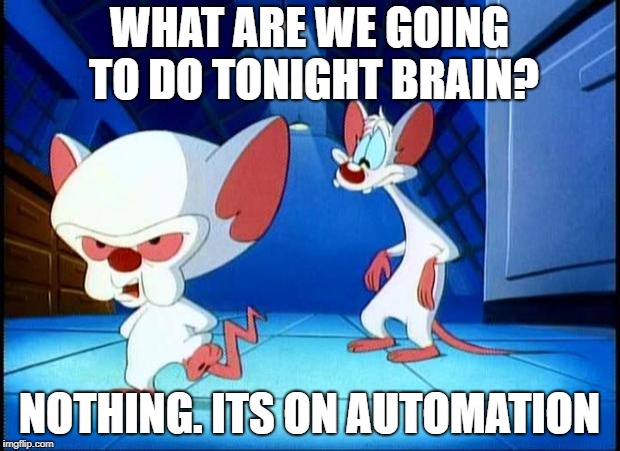 pinky and the brain monday | WHAT ARE WE GOING TO DO TONIGHT BRAIN? NOTHING. ITS ON AUTOMATION | image tagged in pinky and the brain monday | made w/ Imgflip meme maker