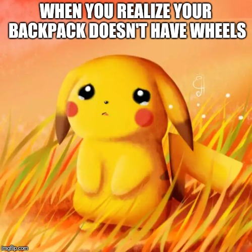 Sad Pikachu | WHEN YOU REALIZE YOUR BACKPACK DOESN'T HAVE WHEELS | image tagged in sad pikachu | made w/ Imgflip meme maker