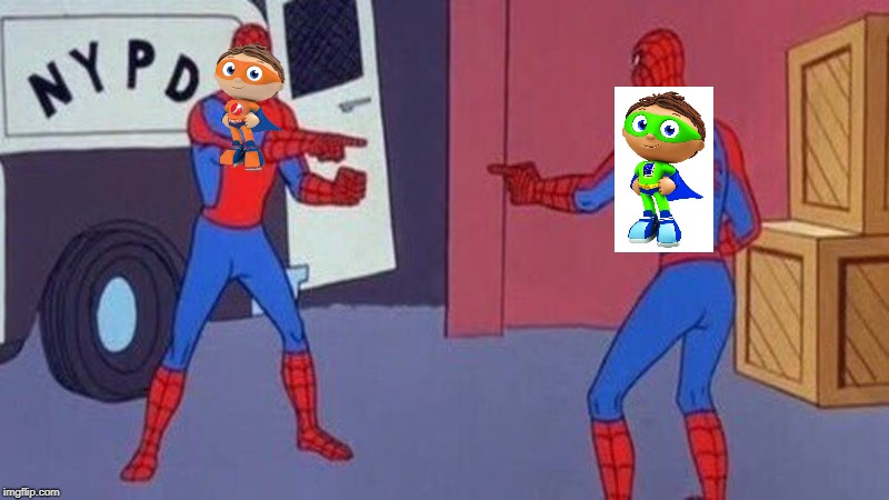 protogent vs.super why | image tagged in spiderman pointing at spiderman,plagiarism | made w/ Imgflip meme maker