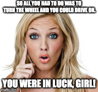 Dumb blonde | SO ALL YOU HAD TO DO WAS TO TURN THE WHEEL AND YOU COULD DRIVE ON. YOU WERE IN LUCK, GIRL! | image tagged in dumb blonde | made w/ Imgflip meme maker