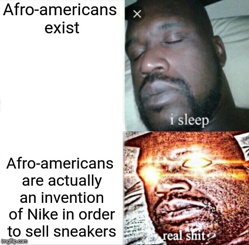 Sleeping Shaq | Afro-americans exist; Afro-americans are actually an invention of Nike in order to sell sneakers | image tagged in memes,sleeping shaq | made w/ Imgflip meme maker