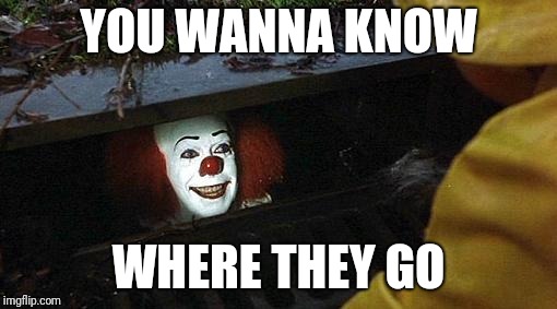 pennywise | YOU WANNA KNOW WHERE THEY GO | image tagged in pennywise | made w/ Imgflip meme maker
