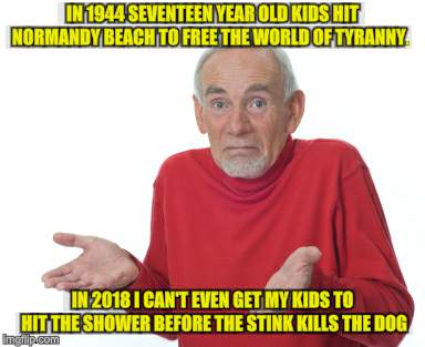 What Changed? | IN 1944 SEVENTEEN YEAR OLD KIDS HIT NORMANDY BEACH TO FREE THE WORLD OF TYRANNY. IN 2018 I CAN'T EVEN GET MY KIDS TO HIT THE SHOWER BEFORE THE STINK KILLS THE DOG | image tagged in old guy shrugging,ww2,kids,normandy | made w/ Imgflip meme maker