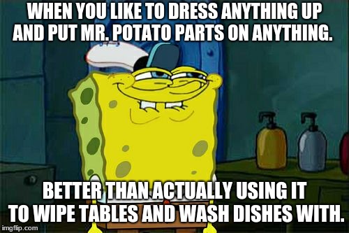 Don't You Squidward | WHEN YOU LIKE TO DRESS ANYTHING UP AND PUT MR. POTATO PARTS ON ANYTHING. BETTER THAN ACTUALLY USING IT TO WIPE TABLES AND WASH DISHES WITH. | image tagged in memes,dont you squidward | made w/ Imgflip meme maker