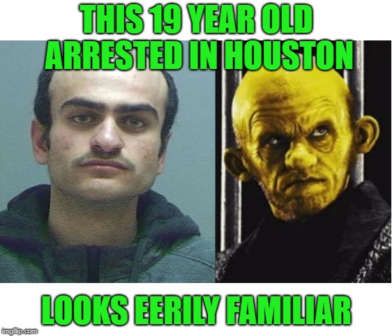 Doppelganger | THIS 19 YEAR OLD ARRESTED IN HOUSTON; LOOKS EERILY FAMILIAR | image tagged in rourke jr arrested,doppelganger,arrested,mugshot | made w/ Imgflip meme maker